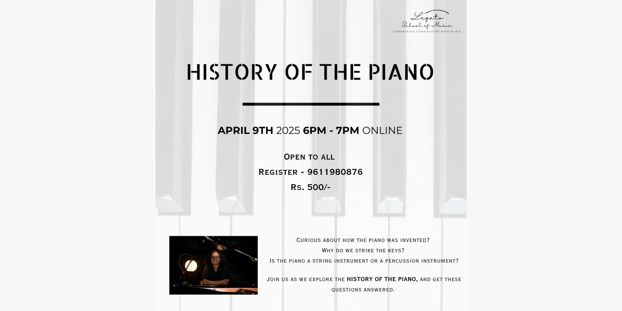Legato school of music history of the piano event poster